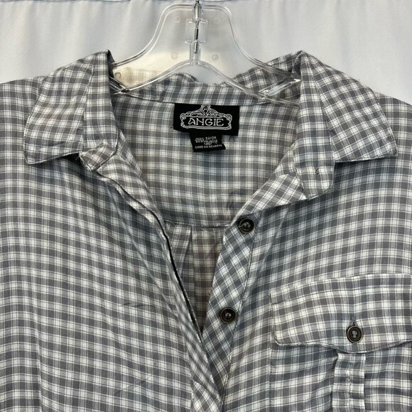 Angie Womens Button Up Shirt Gray Plaid Long Sleeve Cuff Collar Pocket Rayon M - Picture 3 of 11